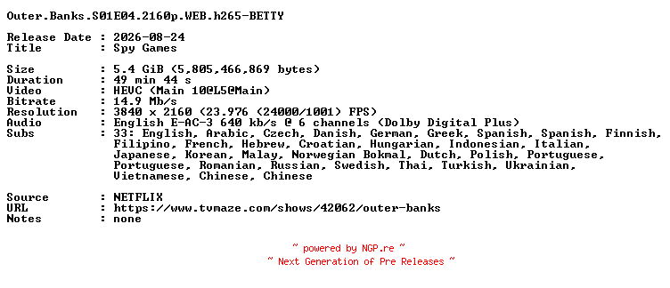 NFO for the release Outer.Banks.S01E04.2160p.WEB.h265-BETTY by BETTY