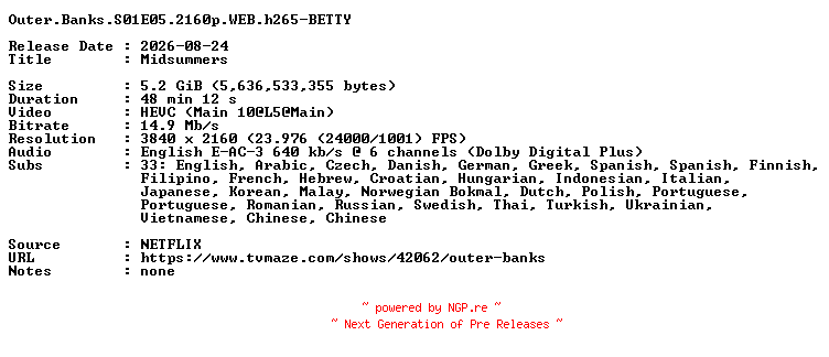 NFO for the release Outer.Banks.S01E05.2160p.WEB.h265-BETTY by BETTY