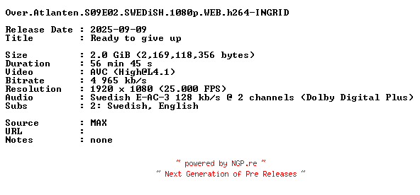 NFO for the release Over.Atlanten.S09E02.SWEDiSH.1080p.WEB.h264-INGRID by INGRID