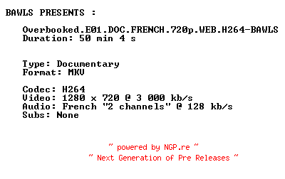 NFO for the release Overbooked.E01.DOC.FRENCH.720p.WEB.H264-BAWLS by BAWLS