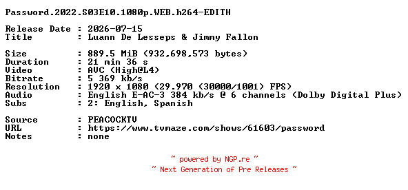 NFO for the release Password.2022.S03E10.1080p.WEB.h264-EDITH by EDITH