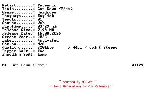 NFO for the release Patronic-Get_Down_(Edit)-SINGLE-WEB-2025-XTC_iNT by XTC_iNT