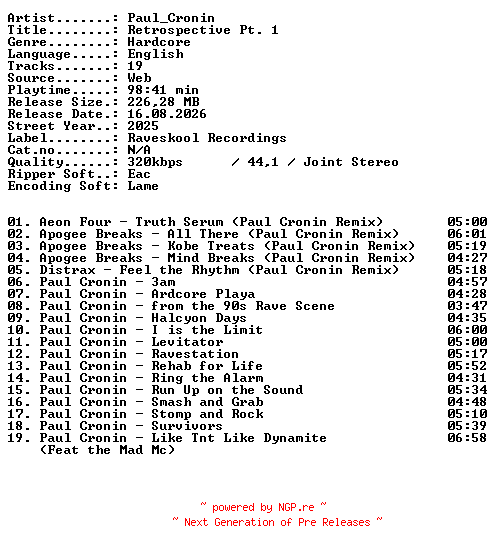 NFO for the release Paul_Cronin-Retrospective_Pt_1-WEB-2025-XTC_iNT by XTC_iNT