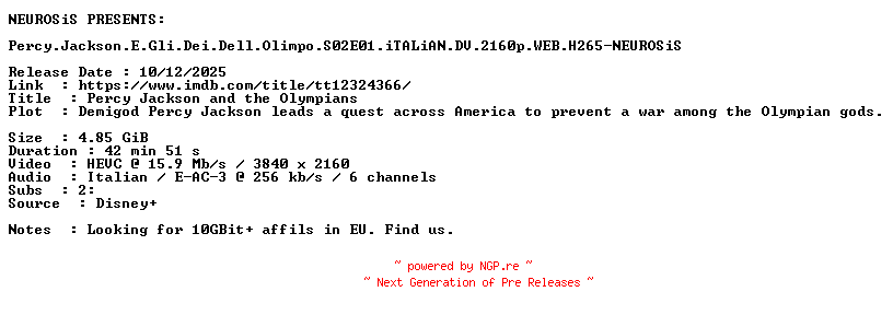 NFO for the release Percy.Jackson.E.Gli.Dei.Dell.Olimpo.S02E01.iTALiAN.DV.2160p.WEB.H265-NEUROSiS by NEUROSiS
