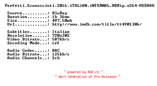 NFO for the release Perfetti.Sconosciuti.2016.iTALiAN.iNTERNAL.BDRip.x264-HEEHAW by HEEHAW