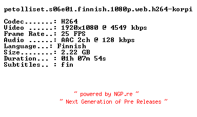 NFO for the release Petolliset.S06E01.FiNNiSH.1080p.WEB.H264-KORPI by KORPI