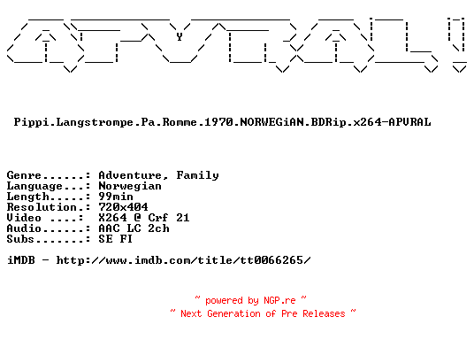 NFO for the release Pippi.Langstrompe.Pa.Romme.1970.NORWEGiAN.BDRip.x264-APVRAL by APVRAL