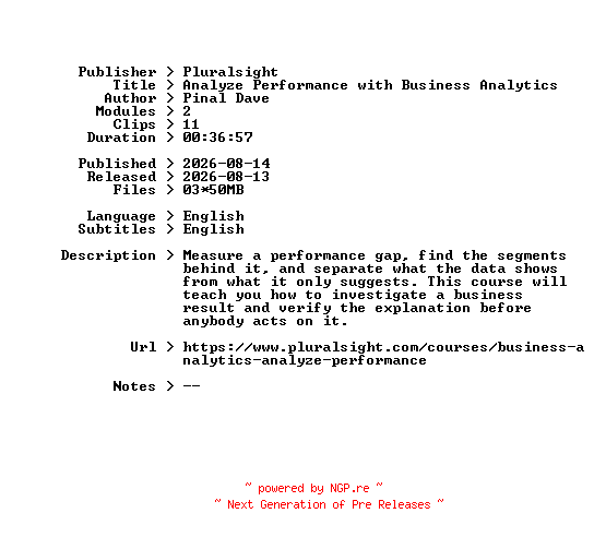NFO for the release Pluralsight.Analyze.Performance.with.Business.Analytics.2026.BOOKWARE-GETH by GETH