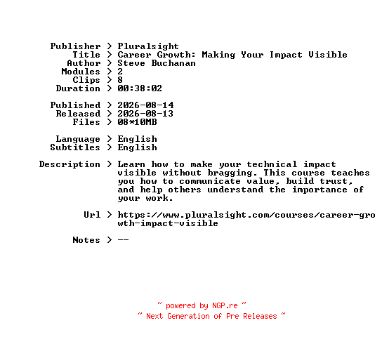 NFO for the release Pluralsight.Career.Growth.Making.Your.Impact.Visible.2026.BOOKWARE-GETH by GETH