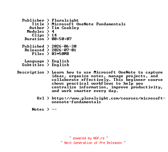 NFO for the release Pluralsight.Microsoft.OneNote.Fundamentals.2026.BOOKWARE-GETH by GETH