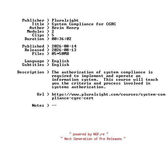 NFO for the release Pluralsight.System.Compliance.for.CGRC.2026.BOOKWARE-GETH by GETH
