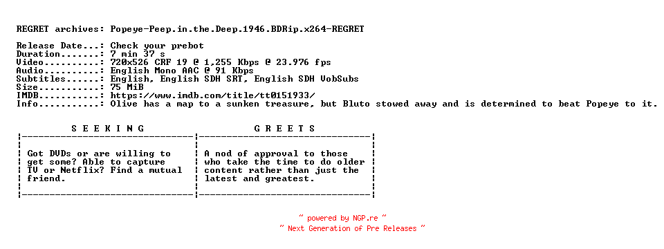 NFO for the release Popeye-Peep.in.the.Deep.1946.BDRip.x264-REGRET by REGRET