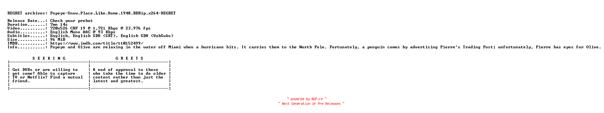 NFO for the release Popeye-Snow.Place.Like.Home.1948.BDRip.x264-REGRET by REGRET