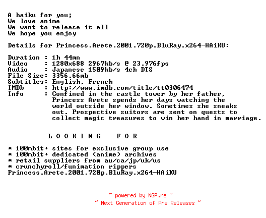 NFO for the release Princess.Arete.2001.720p.BluRay.x264-HAiKU by HAiKU
