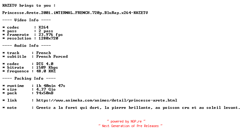 NFO for the release Princesse.Arete.2001.iNTERNAL.FRENCH.720p.BluRay.x264-KAZETV by KAZETV