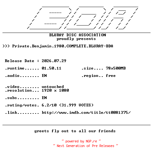 NFO for the release Private.Benjamin.1980.COMPLETE.BLURAY-BDA by BDA