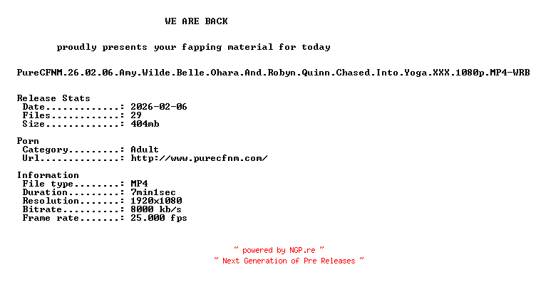 NFO for the release PureCFNM.26.02.06.Amy.Wilde.Belle.Ohara.And.Robyn.Quinn.Chased.Into.Yoga.XXX.1080p.MP4-WRB by WRB