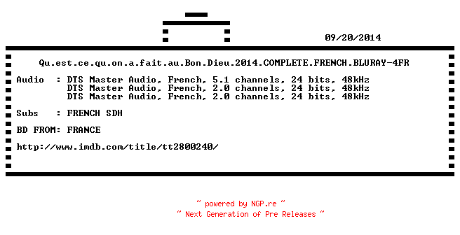NFO for the release Qu.est.ce.qu.on.a.fait.au.Bon.Dieu.2014.COMPLETE.FRENCH.BLURAY-4FR by 4FR