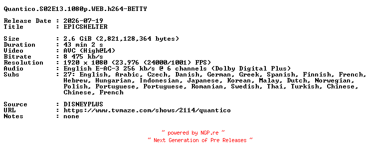 NFO for the release Quantico.S02E13.1080p.WEB.h264-BETTY by BETTY