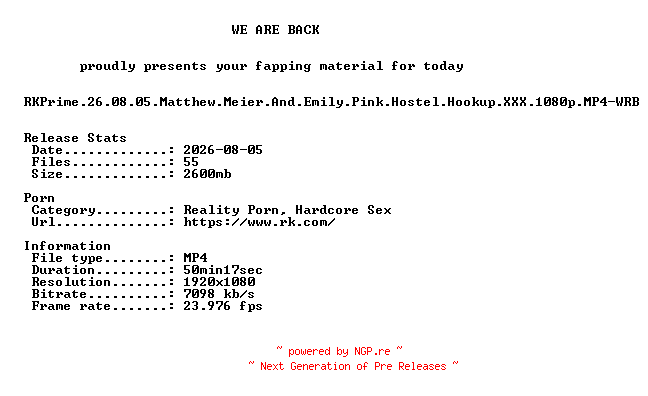 NFO for the release RKPrime.26.08.05.Matthew.Meier.And.Emily.Pink.Hostel.Hookup.XXX.1080p.MP4-WRB by WRB