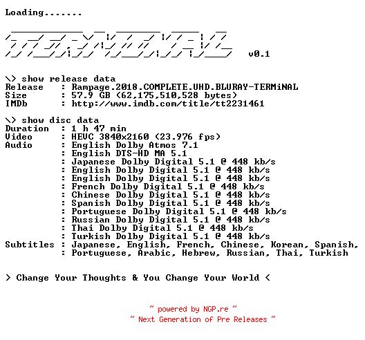 NFO for the release Rampage.2018.COMPLETE.UHD.BLURAY-TERMiNAL by TERMiNAL