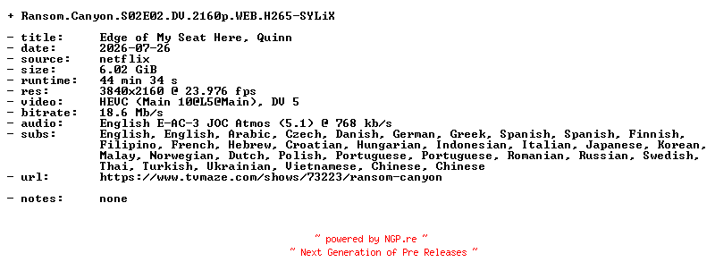 NFO for the release Ransom.Canyon.S02E02.DV.2160p.WEB.H265-SYLiX by SYLiX