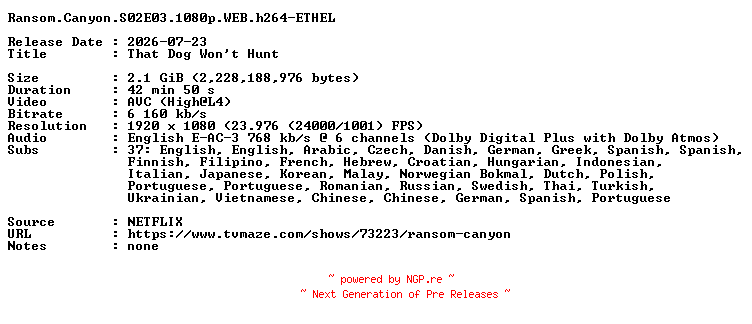NFO for the release Ransom.Canyon.S02E03.1080p.WEB.h264-ETHEL by ETHEL