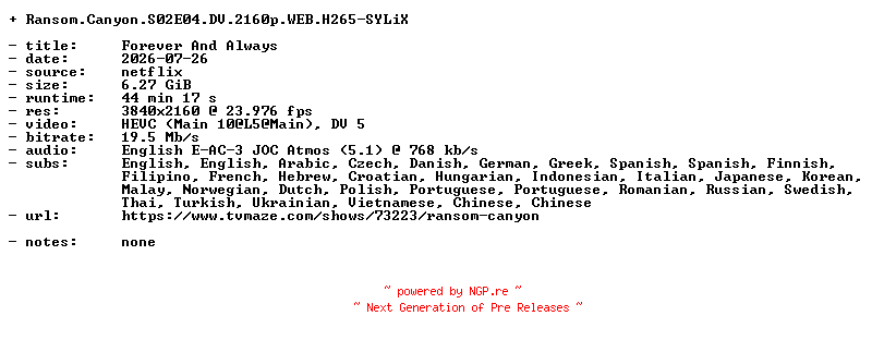 NFO for the release Ransom.Canyon.S02E04.DV.2160p.WEB.H265-SYLiX by SYLiX