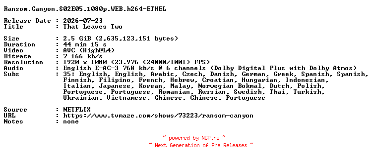 NFO for the release Ransom.Canyon.S02E05.1080p.WEB.h264-ETHEL by ETHEL