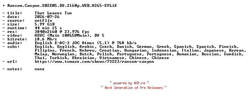NFO for the release Ransom.Canyon.S02E05.DV.2160p.WEB.H265-SYLiX by SYLiX