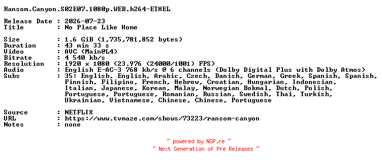NFO for the release Ransom.Canyon.S02E07.1080p.WEB.h264-ETHEL by ETHEL