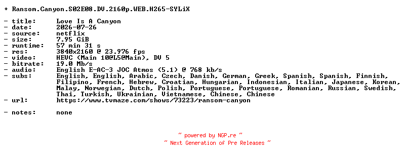 NFO for the release Ransom.Canyon.S02E08.DV.2160p.WEB.H265-SYLiX by SYLiX