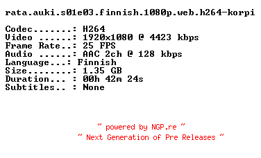 NFO for the release Rata.Auki.S01E03.FiNNiSH.1080p.WEB.H264-KORPI by KORPI