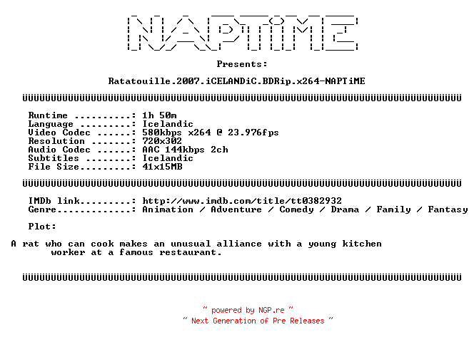 NFO for the release Ratatouille.2007.iCELANDiC.BDRip.x264-NAPTiME by NAPTiME