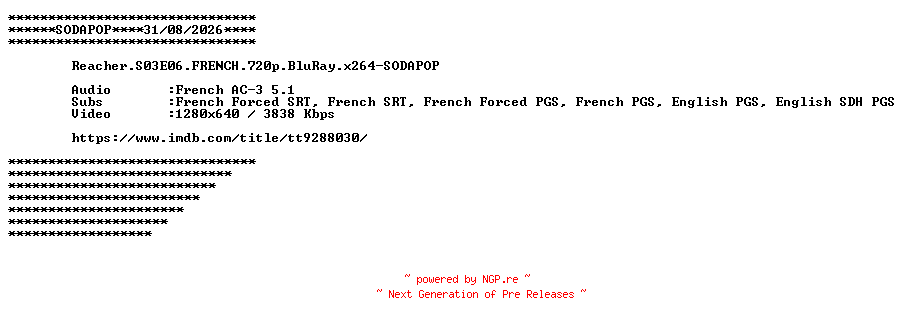 NFO for the release Reacher.S03E06.FRENCH.720p.BluRay.x264-SODAPOP by SODAPOP