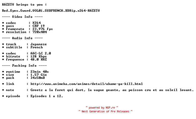 NFO for the release Red.Eyes.Sword.VOL01.SUBFRENCH.BDRip.x264-KAZETV by KAZETV
