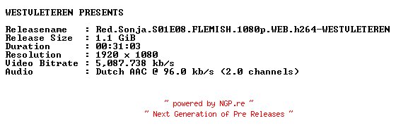 NFO for the release Red.Sonja.S01E08.FLEMISH.1080p.WEB.h264-WESTVLETEREN by WESTVLETEREN