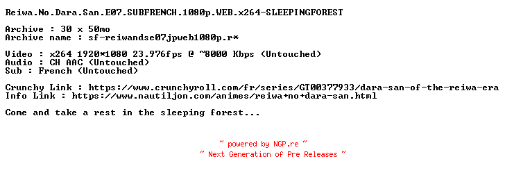 NFO for the release Reiwa.No.Dara.San.E07.SUBFRENCH.1080p.WEB.x264-SLEEPINGFOREST by SLEEPINGFOREST