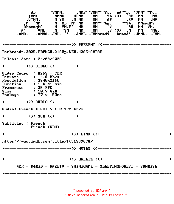 NFO for the release Rembrandt.2025.FRENCH.2160p.WEB.H265-AMB3R by AMB3R