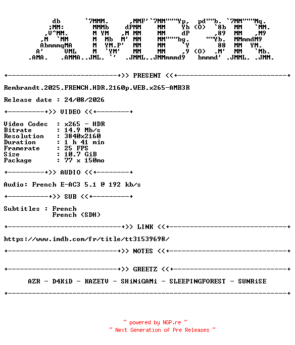 NFO for the release Rembrandt.2025.FRENCH.HDR.2160p.WEB.x265-AMB3R by AMB3R