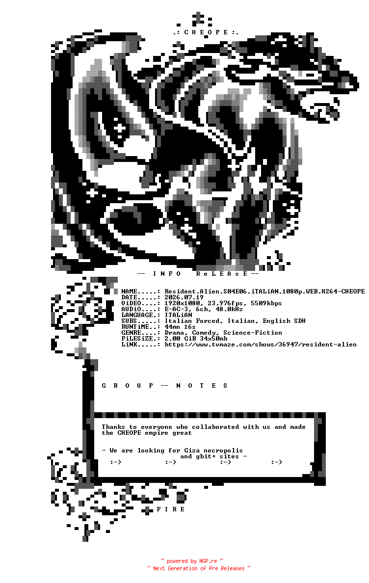NFO for the release Resident.Alien.S04E06.iTALiAN.1080p.WEB.H264-CHEOPE by CHEOPE