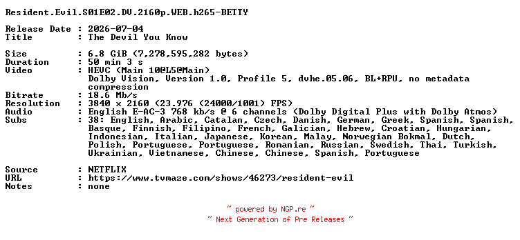 NFO for the release Resident.Evil.S01E02.DV.2160p.WEB.h265-BETTY by BETTY