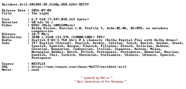 NFO for the release Resident.Evil.S01E03.DV.2160p.WEB.h265-BETTY by BETTY