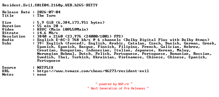 NFO for the release Resident.Evil.S01E04.2160p.WEB.h265-BETTY by BETTY