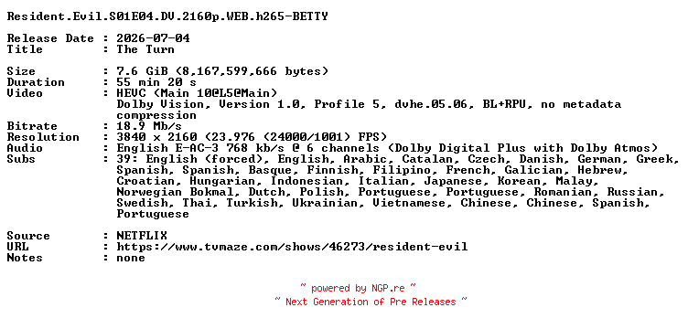 NFO for the release Resident.Evil.S01E04.DV.2160p.WEB.h265-BETTY by BETTY