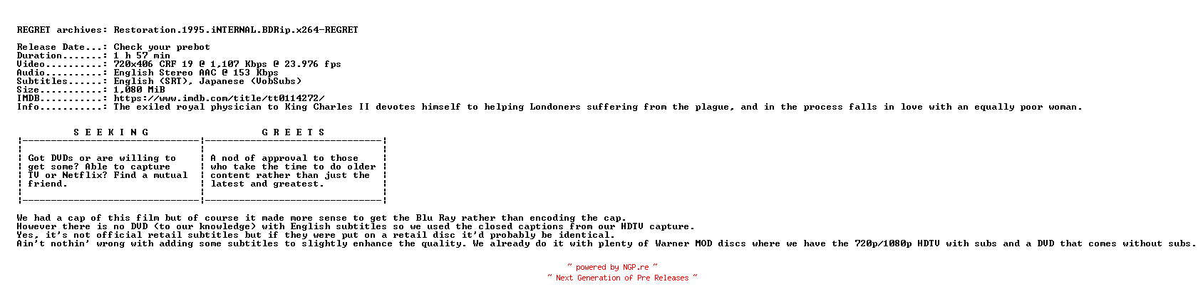 NFO for the release Restoration.1995.iNTERNAL.BDRip.x264-REGRET by REGRET