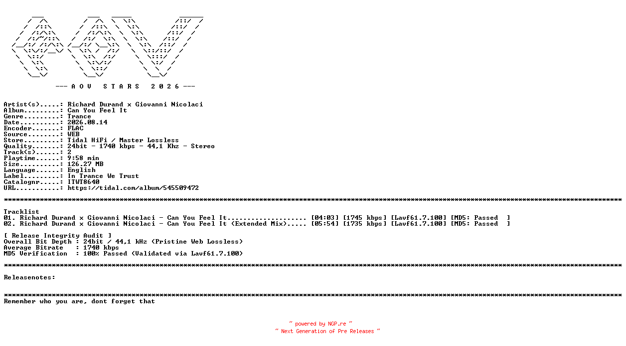 NFO for the release Richard_Durand_x_Giovanni_Nicolaci-Can_You_Feel_It-(ITWT8640)-24BIT-WEB-FLAC-2026-AOVF by AOVF