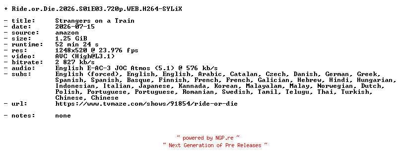 NFO for the release Ride.or.Die.2026.S01E03.720p.WEB.H264-SYLiX by SYLiX