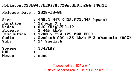 NFO for the release Robinson.S28E04.SWEDiSH.720p.WEB.h264-INGRID by INGRID