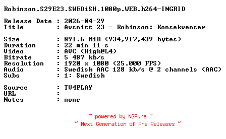 NFO for the release Robinson.S29E23.SWEDiSH.1080p.WEB.h264-INGRID by INGRID